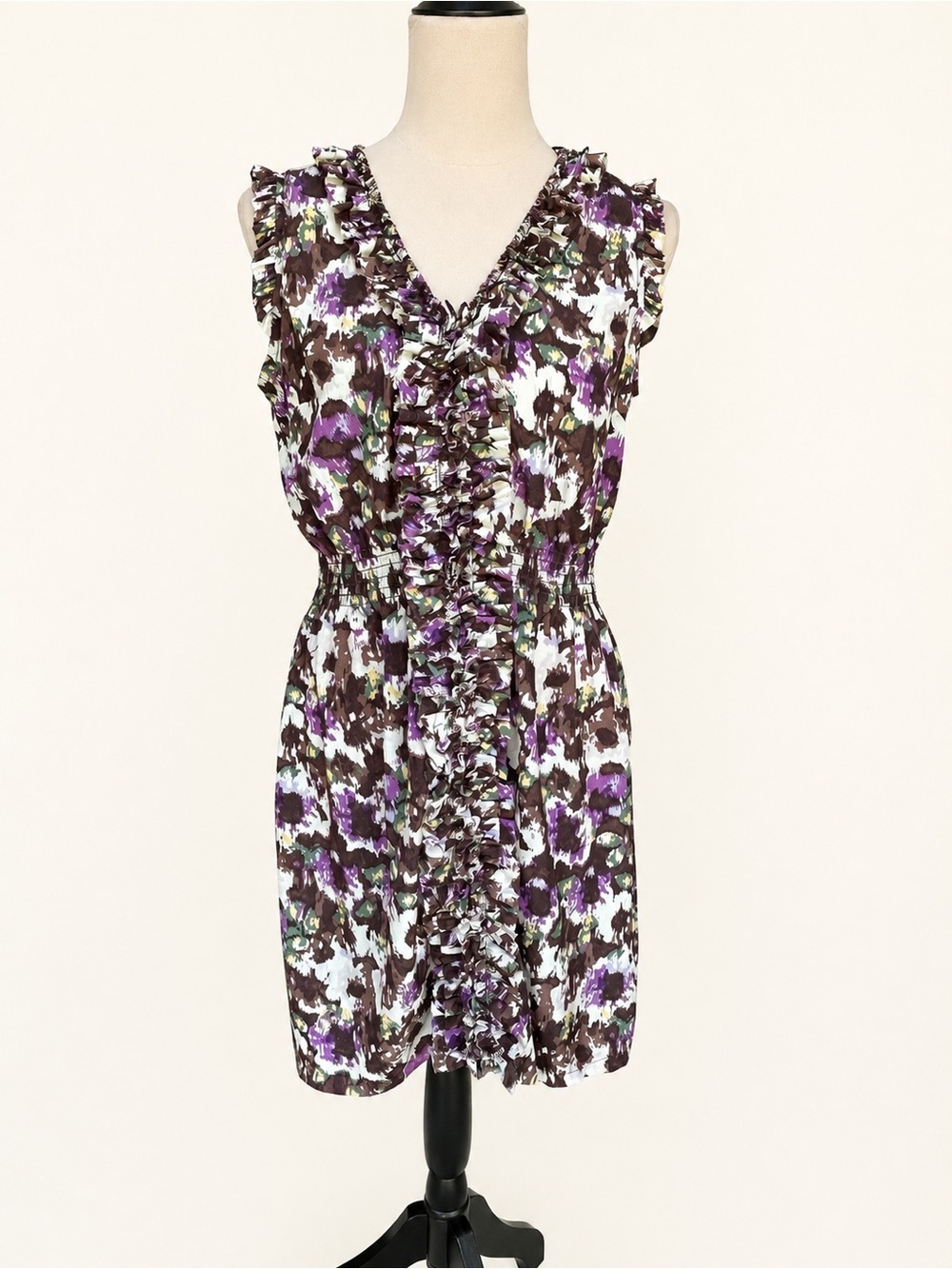 THML Floral Ruffle Front Mini Dress Purple Dark Brown Medium